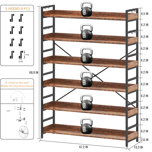 HCHQHS 6 Tier Bookshelf, Adjustable Industrial Bookcase, Vertical Tall Book Shelf, Wood and Black Metal Open Bookshelves for Home Office, Living Room, Bedroom - color: Rustic Brown, size: 6-Tier (47"W x 70"H)