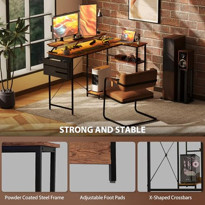 HOMCOM 58" L Shaped Gaming Desk with Power Outlets Reversible Rustic Brown | LED Lights, Computer Desk with Monitor Stand, Fabric Storage Bag, Cable Management, for Home Office