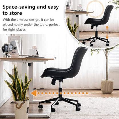 YOUNIKE Black Office Desk Chair with Wheels Armless Vanity Chair Modern | Faux Leather Upholstered with Rocking Back, Swivel Height Adjustable Small Cute Computer Rolling Task Chair Ergonomic 300lb - color: Black, size: Base Black