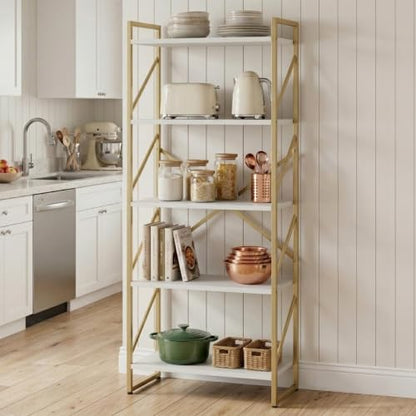 JAMFLY 5 Tiers Bookshelf, Classically Tall Bookcase Shelf,Industrial Book Rack,Modern Book Holder in Bedroom/Living Room/Home/Office, Gold - color: Gold-framed Whitewood