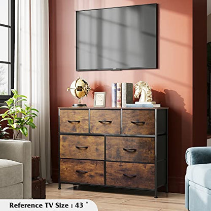 WLIVE 7 Drawer Dresser TV Stand, Entertainment Center, Media Console Table with Metal Frame and Wood Top for TV up to 45 inch, Chest of Drawers for Bedroom, Living Room, Rustic Brown Wood Grain Print - color: Rustic Brown Wood Grain Print