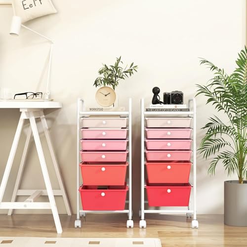 LDAILY Rolling Storage Cart with Drawers, Classroom Storage, Gradient Pink - color: Gradient Pink, size: 6 Drawer