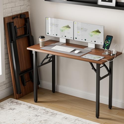 Small Folding Computer Desk – 43.3 Inch Portable Table for Craft and Study, Lightweight Desk for Small Spaces, Foldable Laptop Table Built-in AC/USB Outlets for Convenience, Dark Walnut - color: Dark Walnut, size: 43.3 x 19.7 Inch, style: With Power Outle