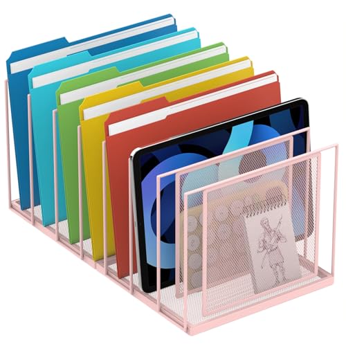 File Organizer For Desk, 7 Section Metal Desktop File Sorter, Pink | Desk file organizer, connectable 7 section design, 2.17 in spacing, vertical folder storage for home office and classroom - color: Pink, size: 7 Section