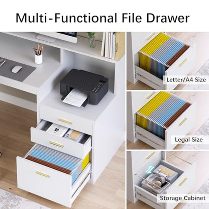 65" White Computer Desk with 3 Drawers & Printer Shelf for Home Office - color: White