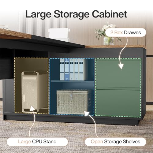 Tribesigns 78" L Shaped Executive Desk with Drawers, Large Office Computer Desk with Cabinet and Storage Shelves, Modern Business Furniture Sets Workstation for Home Office (Brown&Black) - color: Brown&black