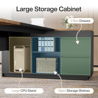 Tribesigns 78" L Shaped Executive Desk with Drawers, Large Office Computer Desk with Cabinet and Storage Shelves, Modern Business Furniture Sets Workstation for Home Office (Brown&Black) - color: Brown&black