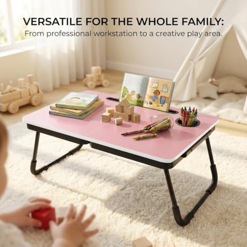 BUYIFY 23.4" Foldable Lap Desk Bed Table with Cup Holder Portable Tray - color: Pink