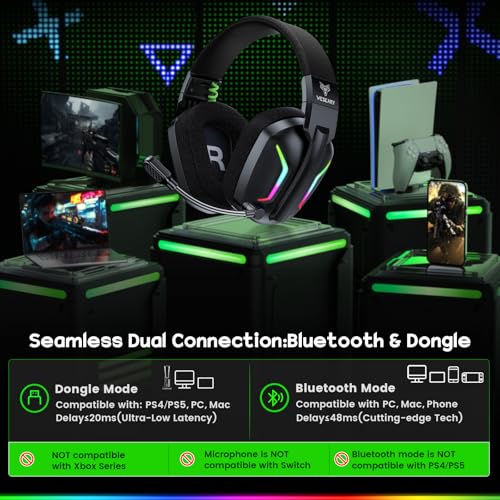 WESEARY Wireless Gaming Headsets for PC, PS5, PS4, Switch, Mac, 2.4GHz Wireless Gaming Headphone with ENC Noise Canceling Microphone, Bluetooth 5.4, Cool Lighting, 50H Battery, 50mm Drivers - color: Cool Black