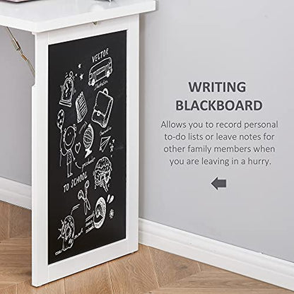 White Wall Mounted Folding Desk, Wood Compact Desk for Small Spaces | Hidden Computer Desk with Bookshelf & Storage, Foldable Murphy/Writing Table with A Blackboard for Bedroom Apartment - color: White.