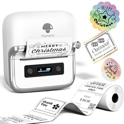 Phomemo M250 3 Inch Label Maker Machine with Tape | Label Printer for Address, Barcode Printer for Business, Home, Logo Label, Sticker Printer for Phones & PC, with 1 Roll Label - color: White