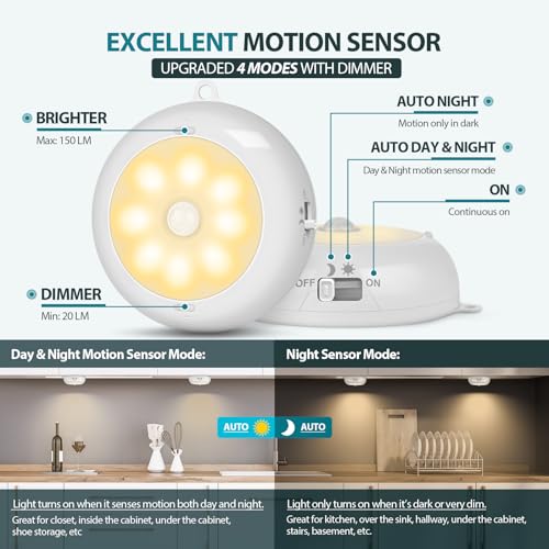 Reoshine Motion Sensor Light Indoor AA Battery Operated, Under Cabinet Lighting, Magnetic Stick on LED Puck Lights for Stair, Wall, Closet, Dimmable, 3000K Warm White (6 Pack) - color: Warm White