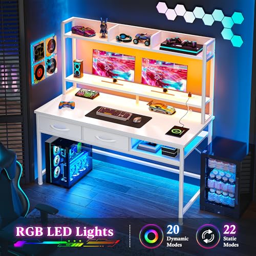 DurayLoly 47.2" Computer Desk with Hutch, LED Lights and Monitor Stand - color: White, size: 18.9"D x 47.2"W x 61.1"H