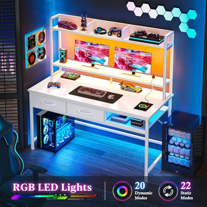 DurayLoly 47.2" Computer Desk with Hutch, LED Lights and Monitor Stand - color: White, size: 18.9"D x 47.2"W x 61.1"H