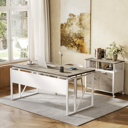 LITTLE TREE 63-Inch Office Desk with 31.5-Inch Lateral File Cabinet, Study Writing Desk Computer Desk for Home Office - color: Grey + White