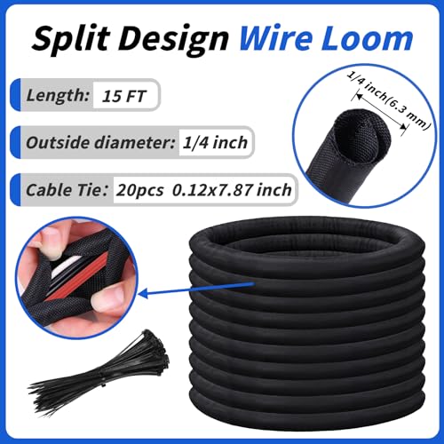 15ft - 1/4in Split Braided Sleeve Cable Management, Self-Wrapping | Flexible loom tubing protects wires from abrasion and heat. Great for automotive, TV, computer, and home electrical use. - size: 1/4inx15ft
