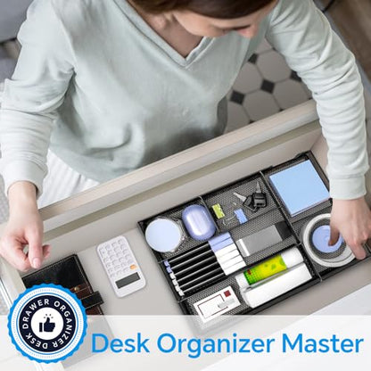Desk Drawer Organizer, Office Drawer Divider Organizer Tray with 6 Compartments, Metal Mesh Desktop Organization and Accessories for Stationery Makeup Kitchen Toolroom School ＆Office, 12.6x8.27x1.6 in - size: Large-2 Pack