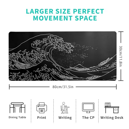 Japanese Gaming Mouse Pad Abstract Black Mouse Pad 31.5x11.8 Inch Black Sea Wave Texture Non-Slip Rubber Base Large Ocean Mousepad Stitched Edges Keyboard Mouse Mat Desk Pad for Office and Home - color: Sea Wave