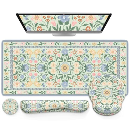 iCasso Desk Cover Mat, Gaming Mouse Pad Wrist Support Set,4in1 XXL Large Mousepad + Keyboard Wrist Rest+Mouse Wrist Rest+Coaster Set with Ergonomic Design for Home Office Table Computer(Green Flowers) - color: Green Flowers