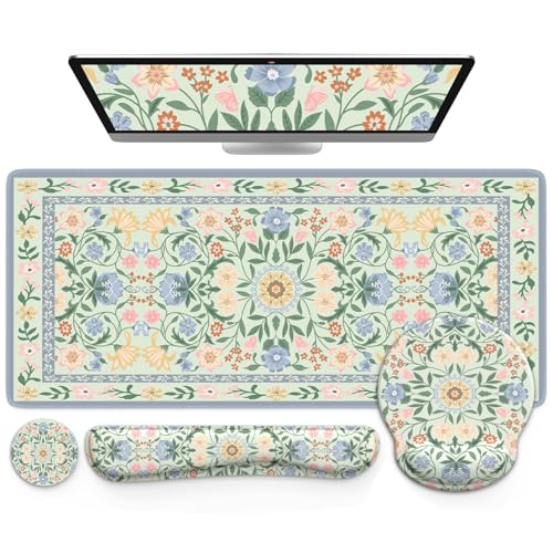 iCasso Desk Cover Mat, Gaming Mouse Pad Wrist Support Set,4in1 XXL Large Mousepad + Keyboard Wrist Rest+Mouse Wrist Rest+Coaster Set with Ergonomic Design for Home Office Table Computer(Green Flowers) - color: Green Flowers
