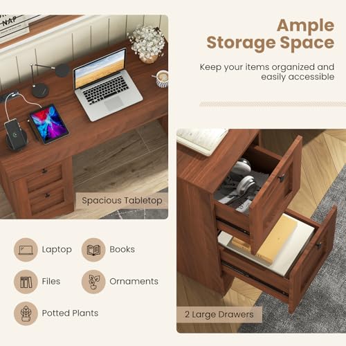 Tangkula Computer Desk with Drawers & Charging Station, Wooden Home Office Desk PC Laptop Notebook Desk, Compact Study Desk Writing Desk, Computer Workstation Ideal for Home & Office - color: Walnut