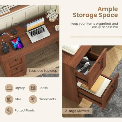 Tangkula Computer Desk with Drawers & Charging Station, Wooden Home Office Desk PC Laptop Notebook Desk, Compact Study Desk Writing Desk, Computer Workstation Ideal for Home & Office - color: Walnut