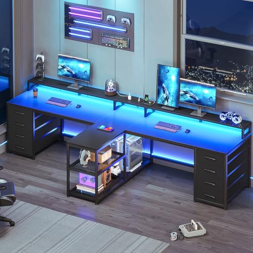 SEDETA 94.5" 2 Person Gaming Desk with 8 Drawers & Storage Shelves, Black | Double T Shaped Office Desk with LED Lights, Power Strip with USB & Monitor Stand for Home Office, Bedroom - color: Black