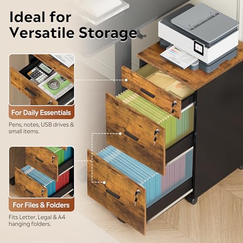 DEVAISE 3 Drawer File Cabinet with Lock & Wheels, Wood Printer Stand - color: Rustic Brown