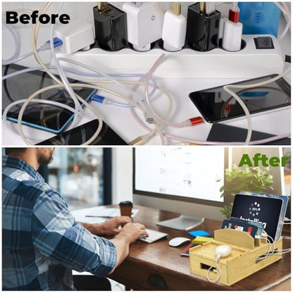 ZOOFOX Bamboo Charging Station for Multiple Devices, Desk Docking Station with Removable Divider Slots and Drawer, Bedside Charging Station Compatible with Smartphone, Tablet, Laptop, Earphone