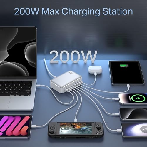 200W USB C Charger USB C Charger Block,Upgraded GaN III 8-Port Fast Charging Station Hub,PD 65W Laptop Charging Adapter Compatible with MacBook Pro/Air,DELL,Steam Deck,iPhone 16/15/14,Galaxy S23/22 - size: 200W