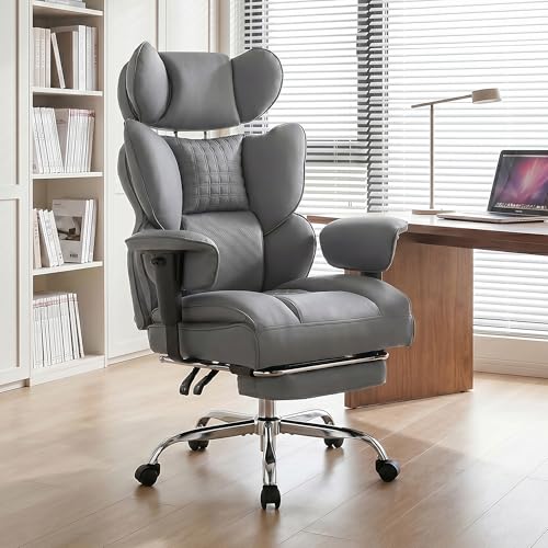 Big and Tall Office Chair 400 LBS, for Adults, Home Office | PU Leather, Executive Ergonomic Desk Chair with Footrest, Lumbar Support, Wide Seat ,Reclining, Adjustable Armrest, Grey - color: Grey, size: Adjustable Armrest