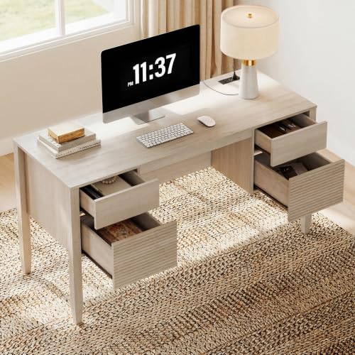 WAMPAT Fluted Executive Desk with Drawers, 58" Modern Home Office Computer Desk with Charging Station, Storage Shelves, Wooden Writing Desk for Home Office, Work Study Writing, Beige - color: Beige