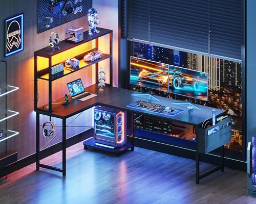 Casaottima L Shaped Gaming Desk with Hutch & Power Outlet & LED Lights