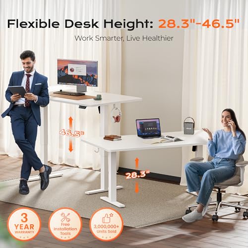 Huuger 63 x 28 Large Electric Standing Desk, Height Adjustable Computer Desk, 27.6" Deep Desktop, Stand up Gaming Office Table with 2 Hooks, 3 Preset Heights, for Home Office, White - color: White, size: 63*28 inch (no outlets)