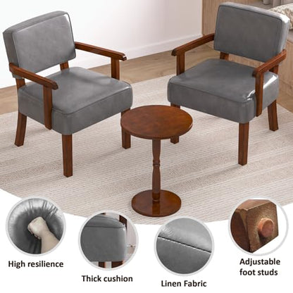 FAGAGA Accent Chairs Set of 2, 2 Solid Wood Armchairs with Side Table | Faux Leather Chair with Soft Thicken Cushion, Comfy Reading Chair for Bedroom, Waiting Room, Home Office, Easy Assembly - color: Faux Leather Gray, size: Set of 2 with table