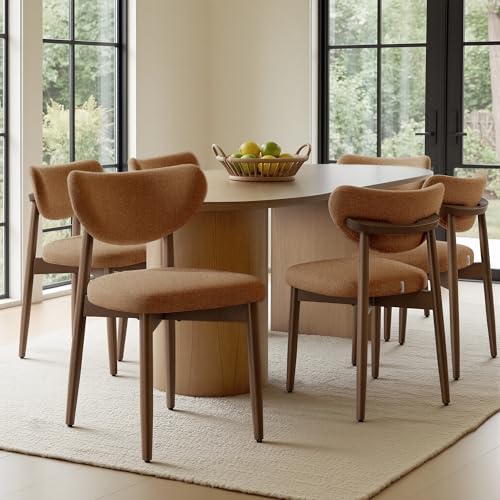VASAGLE Wooden Dining Chairs Set of 6, Upholstered Kitchen Chairs with Solid Wood Legs, Ergonomic Curved Backrest, Built-in Handle, Mid Century Modern, for Kitchen Dining Vanity, Caramel Brown - color: Caramel Brown, size: Set of 6