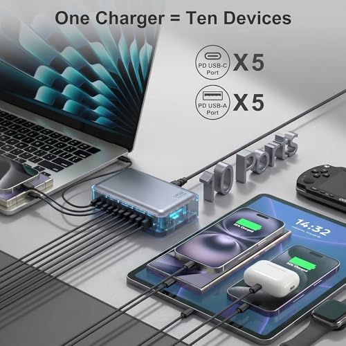 540W USB C Charger Block, 10 Port Charging Station USB Charger Block Double 100W Gan Laptop Fast Charging Compatible with MacBook Air/Pro, iPhone, iPad, Dell XPS, Samsung Galaxy Note - size: 540W