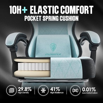 Dowinx Gaming Chair Fabric with Pocket Spring Cushion, High Back Ergonomic Computer Chair with Footrest for Adults, Massage Lumbar Support Swivel Game Chair for Office Gaming 300LBS, Cyan - color: Cyan