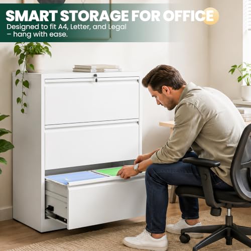 3 Drawer Lateral File Cabinet, Metal Filing Cabinet for Home Office, White | Heavy-Duty Steel Locking Large File Cabinet, Hanging Letter/Legal/A4 Size, Full-Extension Silent Drawer, Un-Assembly - color: White, size: 3 Drawers (35.43 in Width)