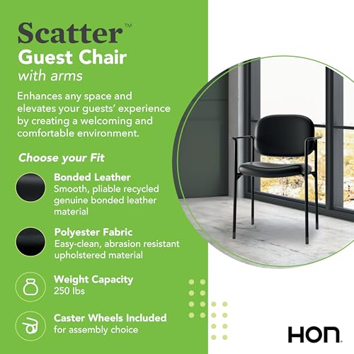 HON Scatter Guest Chair with Arms, Fabric Office Chairs, Black | Stackable desk chair no wheels for waiting rooms chairs, conference room chair, banquette seating, and office furniture - color: Black - Fabric Back - With Arms