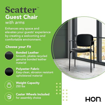 HON Scatter Guest Chair with Arms, Fabric Office Chairs, Black | Stackable desk chair no wheels for waiting rooms chairs, conference room chair, banquette seating, and office furniture - color: Black - Fabric Back - With Arms
