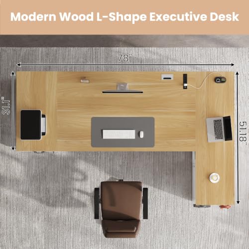 78" Executive Desk with Lockable File Cabinet, L Shaped Office Desk with Power Outlets, Large Executive Desk with Drawers and Storage Shelves , Reversible Computer Desk with Privacy Screen (White) - color: White