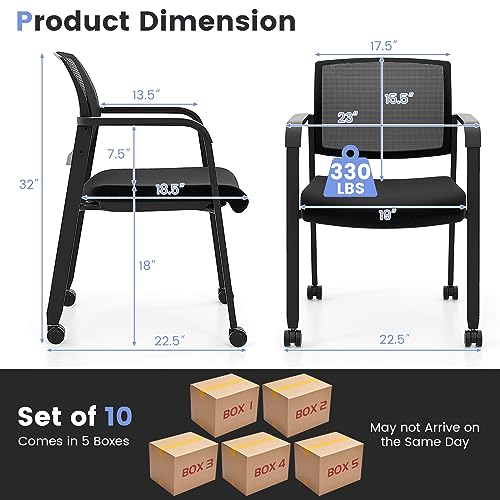 COSTWAY Stackable Office Guest Chairs Set of 10 with Wheels and Armrests | Conference Room Chairs with Mesh Backrest and Upholstered Seat, Ergonomic Waiting Room Chairs for Office Home Reception Area - size: 10 Pack, style: with Wheels