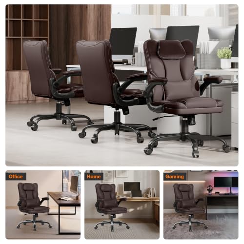 Executive Office Chair Flip Up Arms Lumbar Support Home Office Desk Chair - color: Coffee