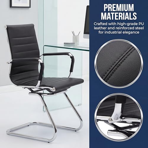 Conference Room Chairs Set of 8, Faux Leather Office Guest Chairs with Arms, Reception & Waiting Room Seating, No Wheels Meeting Chairs with Mid Back Support and Chrome Sled Base, Black - color: Black, size: 8PCS