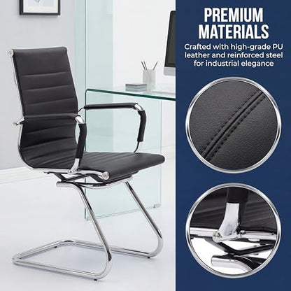 Conference Room Chairs Set of 8, Faux Leather Office Guest Chairs with Arms, Reception & Waiting Room Seating, No Wheels Meeting Chairs with Mid Back Support and Chrome Sled Base, Black - color: Black, size: 8PCS