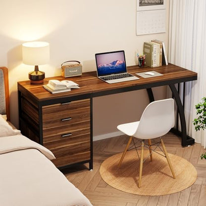 Tribesigns 59 Inch Computer Desk with 3 Drawers, Industrial PC Desk Study Writing Table Workstation with File Storage, Home Office Desks with Large Desktop and Metal Frame (Walnut) - color: Walnut