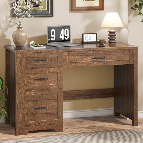 Halitaa Executive Desk with 3 Storage Drawers, Red Brown | Farmhouse 47" Wood Computer Desk with File Drawer, Workstation for Home Office, Study, Writing - color: Red Brown, size: without Charging Station