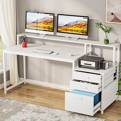 Tribesigns 63 Inch Computer Desk with File Drawer Cabinet, Ergonomic Desk - color: White