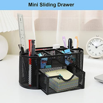 Desk Organizer Stationery Storage, Pencil Holder for Desk, Wire Mesh Office Supplies Desk Accessories Workspace Organizers with 9 Compartments and Mini Drawer (Black) - style: 9 Compartments